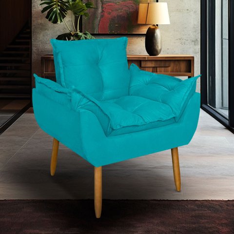Poltrona Opala para Sala Clínica Salão Pés de Madeira Suede Azul Turqueza