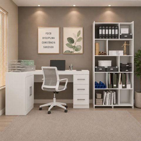 Kit Escritório com Mesa em L e Estante Livreiro Branco Menu Móveis
