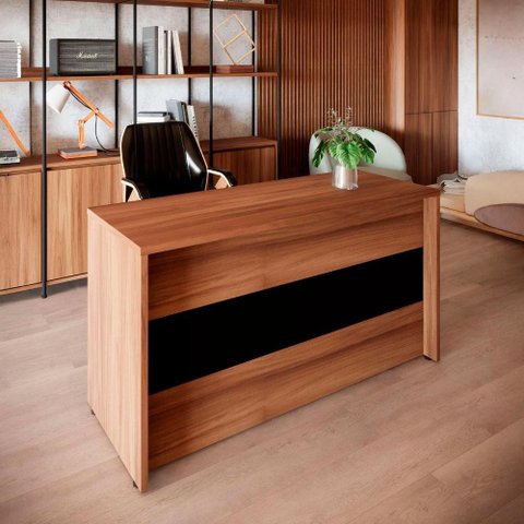 Balcão de Atendimento Recepção 120 cm Reto Baixo F5 Office Cor:Nogal com Preto