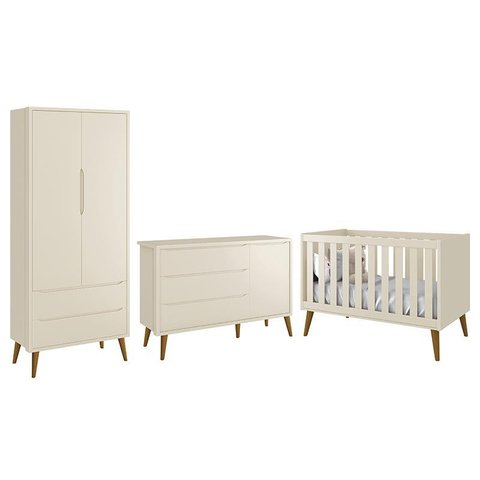 Dormitório Infantil Theo Retrô 2 Portas, Cômoda 1 Porta e Berço Areia Fosco com Pés Amadeirado