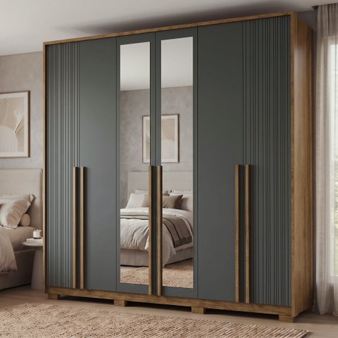 Guarda-Roupa Casal 6 Portas, 4 Gavetas, Pés e Espelho MDF Atlanta Cinza Cinamomo/Urban