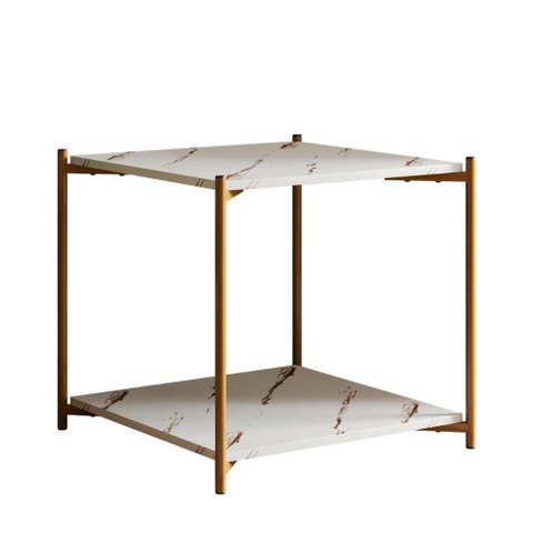 Mesa Lateral Quadrada G7002 com Pés de Metal Marmore Branco/dourado