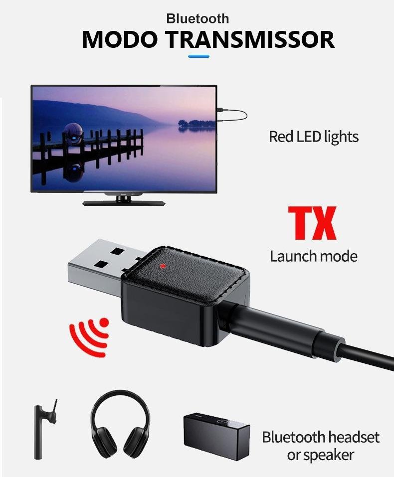 Adaptador Usb 2Em1 Bluetooth 5.0 Transmissor Receptor P2 - 5