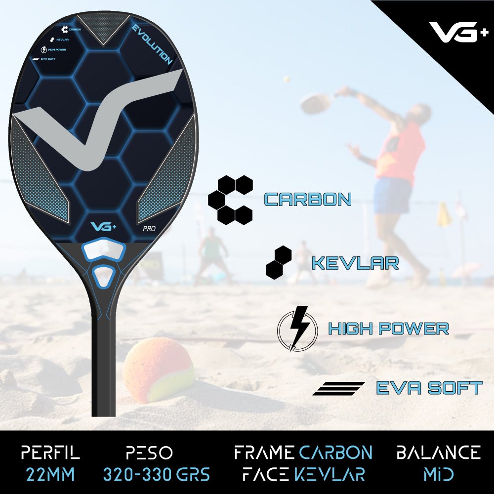 Kit com Raquete de Beach Tennis Evolution Kevlar Carbon com 3 Bolas e 1 Bolsa de Transporte VG Plus - 8