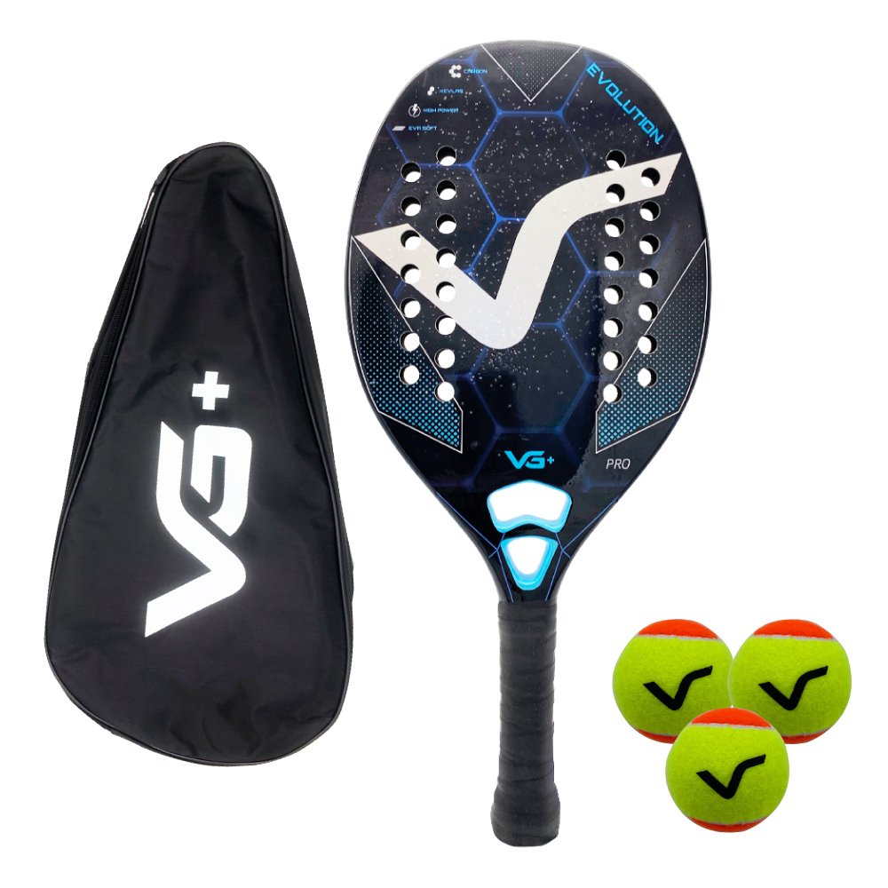 Kit com Raquete de Beach Tennis Evolution Kevlar Carbon com 3 Bolas e 1 Bolsa de Transporte VG Plus - 1