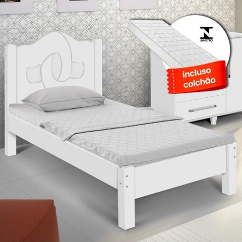 Cama Solteiro com Estrado em Mdf e Colchão Branco Carmolar