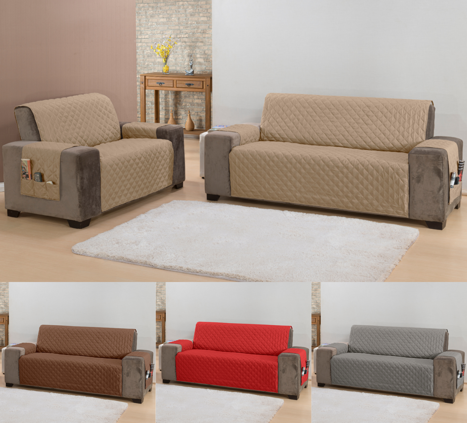 Jogo de capa sofá padrão 2 e 3 lugares matelado com bolso lateral cor caqui