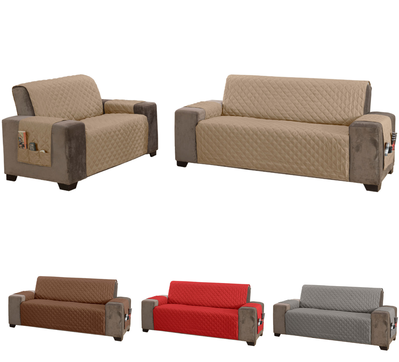 Jogo de capa sofá padrão 2 e 3 lugares matelado com bolso lateral cor caqui - 5