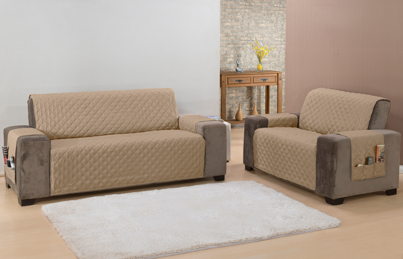 Jogo de capa sofá padrão 2 e 3 lugares matelado com bolso lateral cor caqui - 4