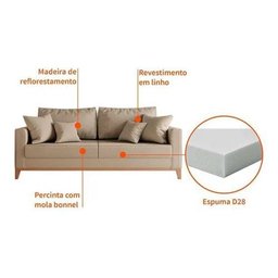 Sofá 3 Lugares Beny Base de Madeira 180 Cm Linho Cru - Fm - 5