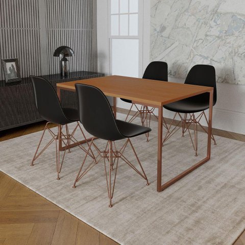 Mesa Industrial Base Ferro Cobre Tampo 137x90 Canela 4 Cadeiras Ferro Cobre Assento Preto