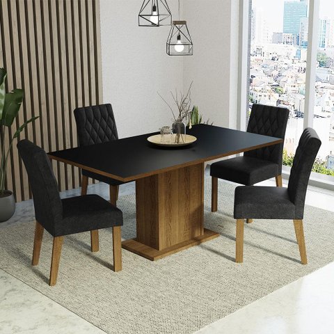 Conjunto Sala de Jantar Mesa Tampo de Madeira 4 Cadeiras Rustic/preto/oxford Cindy Madesa