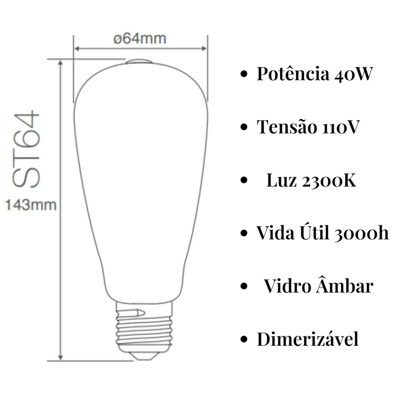 Kit 3x Lâmpada Retrô St64 Carbono Dimerizável Âmbar 40w 110v - 4