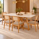 Ver imagem 1 de Conjunto Mesa Sala de Jantar Retangular 180cm 6 Cadeiras Estofadas Tela MDF Freijó/Off Write Taupe