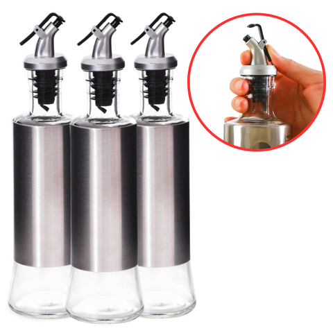 Kit 3 Galheteiro Azeite Vinagre 300ml Vidro Aço Inox Dosador
