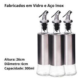 Kit 3 Galheteiro Azeite Vinagre 300ml Vidro Aço Inox Dosador - 3