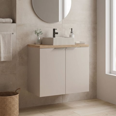 Gabinete para Banheiro com Cuba Quadrada 100% MDF Suspenso 75cm Nature Bege Panna/Carvalho