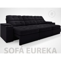 Sofá com Porta Copos e Carregador Usb Eureka 2,30m Assento Retrátil e Reclinável Velosuede Preto - 2