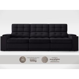 Sofá com Porta Copos e Carregador Usb Eureka 2,30m Assento Retrátil e Reclinável Velosuede Preto - 4