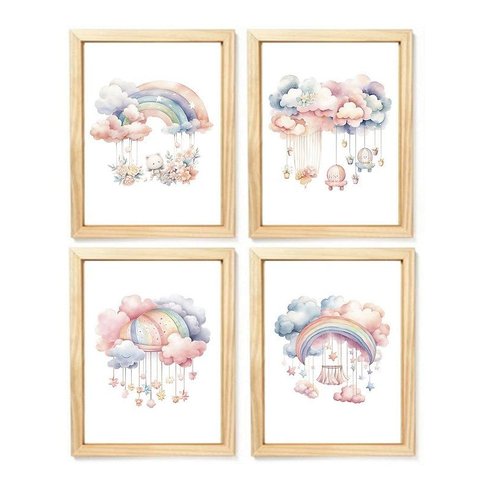 Kit Quadro Infantil Arco Iris Aquarela Decorativo Quarto Menina Enxoval Criança Bebê