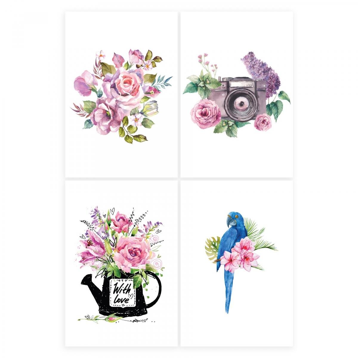 Placas Decorativas para Sala Flores Aquarela 20x30cm Kit 4un