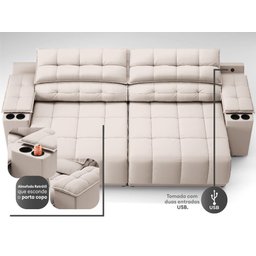 Sofá com Porta Copos Carregador USB Ret Rec Samurai 2,50m Velosuede Areia - NETSOFAS - 2