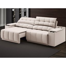 Sofá com Porta Copos Carregador USB Ret Rec Samurai 2,50m Velosuede Areia - NETSOFAS - 1