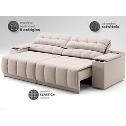 Sofá com Porta Copos Carregador USB Ret Rec Samurai 2,50m Velosuede Areia - NETSOFAS - 5