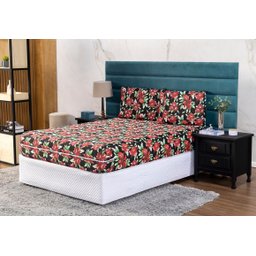 Capa de Colchão Viuva Solteirão 28cm + Fronha com Zíper Malha Estampada:21 Flor Vermelha - 1