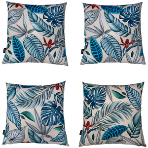 Kit 4 Capa de Almofada Waterhavana Impermeável Estampa Digital 100% Algodão Folhagens Azul Área Exte