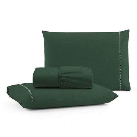 Jogo de Lençol Casal Padrão Premium Soft 600 Fios Micropercal Verde Escuro Ponto Palito Toque Macio 