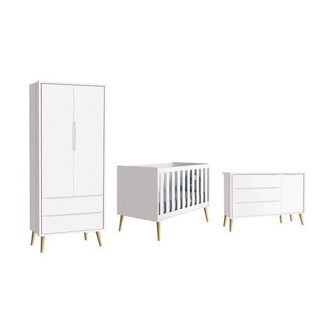 Dormitório Theo 2 Portas e Cômoda 1 Porta Branco com Pés Madeira Natural - Reller Móveis
