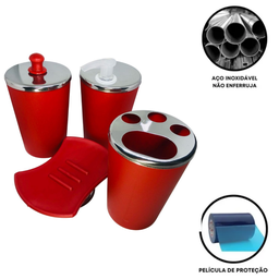 Kit Banheiro Aço Inox Lavabo Decorado 4 Peças Saboneteira:Vermelho - 2