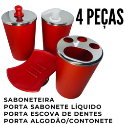 Kit Banheiro Aço Inox Lavabo Decorado 4 Peças Saboneteira:Vermelho - 3