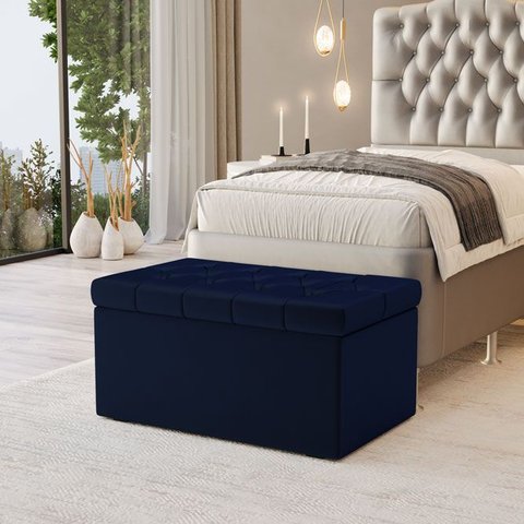 Calçadeira Baú Sagitarius para Cama de Solteiro 90cm no Tecido Veludo Azul - Aradecor