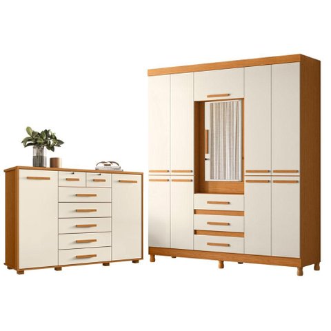 Guarda Roupa Casal New Fusion 10 Portas e Cômoda Fontana Cinamomo Off White - Móveis Albatroz