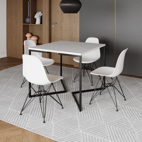 Mesa Jantar Industrial Quadrada 90Cm Branca Base V Com 4 Cadeiras Brancas Ferro Preto Cor: Branco