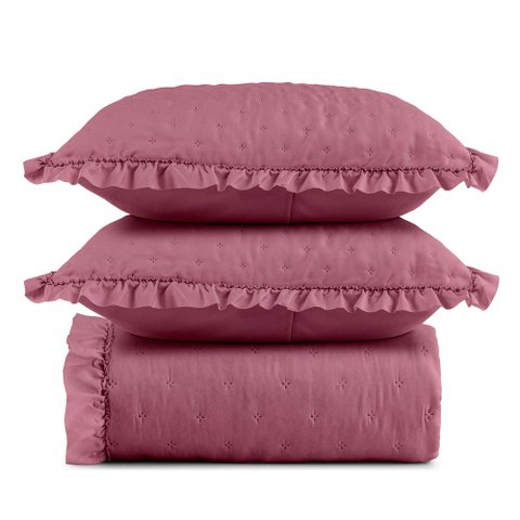 Kit Cobre Leito Elegance Queen Microfibra Colcha com Babado 3 Peças Pink