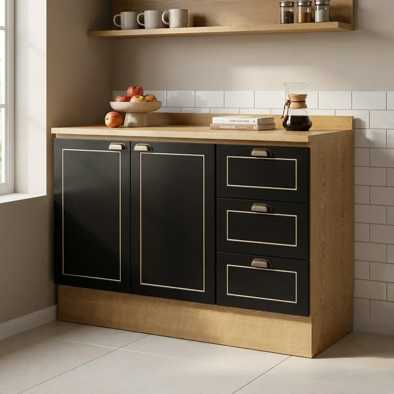 Ver imagem 1 de Balcão para Cozinha 120cm com 2 Portas e 3 Gavetas e Tampo Cinamomo/Preto Yescasa
