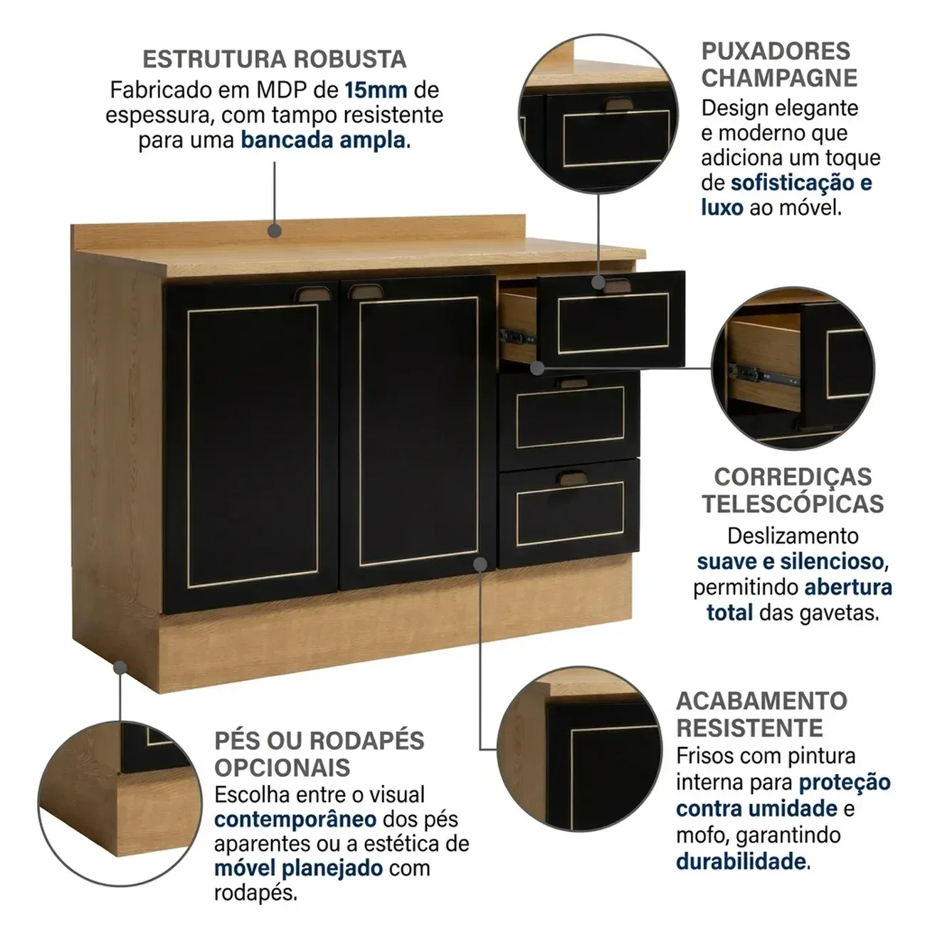 Ver imagem 5 de Balcão para Cozinha 120cm com 2 Portas e 3 Gavetas e Tampo Cinamomo/Preto Yescasa