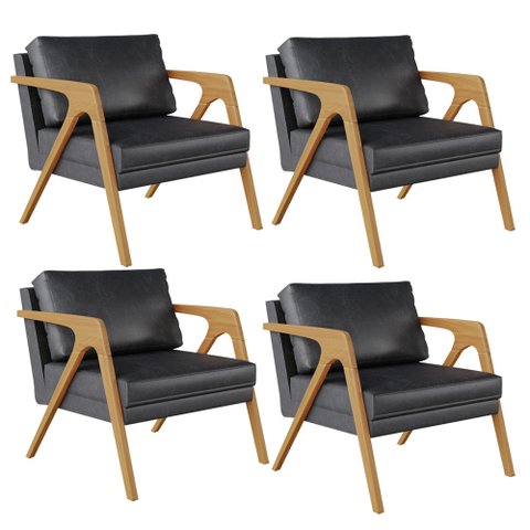 Kit 04 Poltronas Decorativa Sala Pietra Estrutura Madeira L02 Couríssimo Preto Brilho - Lyam Decor