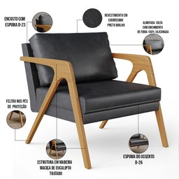 Kit 04 Poltronas Decorativa Sala Pietra Estrutura Madeira L02 Couríssimo Preto Brilho - Lyam Decor - 4 Kit 04 Poltronas Decorativa Sala Pietra Estrutura Madeira L02 Couríssimo Preto Brilho - Lyam Decor - 4