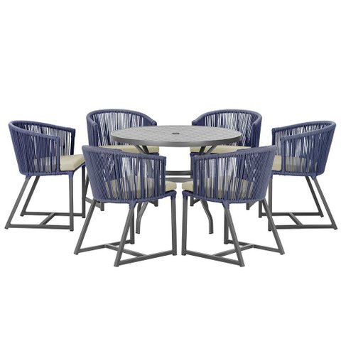 Mesa com 6 Cadeiras de Jantar Roma 120cm e Noronha em Alumínio Preto Corda Náutica Estofado 7 Trama
