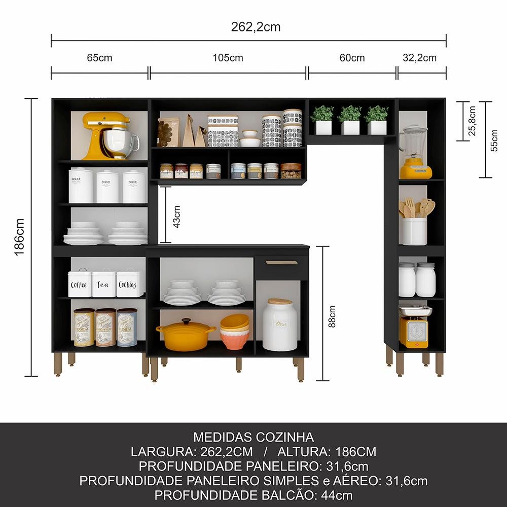 Armário de Cozinha Tieli 5 Peças Preto Fosco - Móveis Arapongas