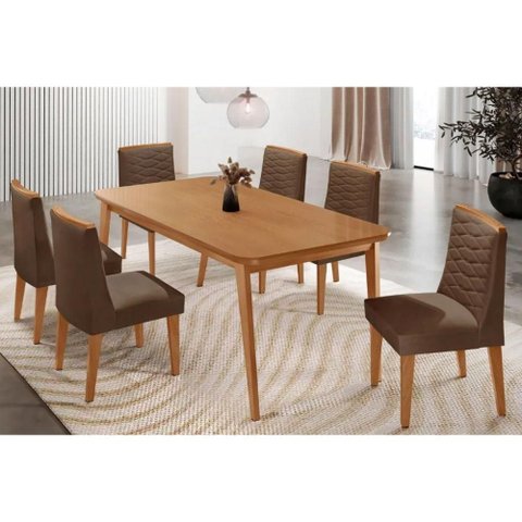 Conjunto: Mesa Sala Jantar Havana Tampo Curvo 180cm+6 Cadeiras Maldivas Madeira Naturale - Capuccino