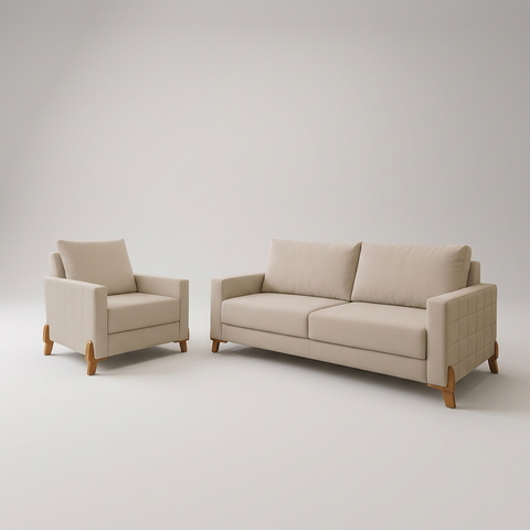 Conjunto Sofá 02 Lugares Living Topázio e Uma Poltrona Tecido Linho Cru 1,80m