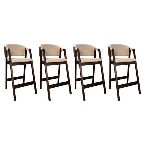 Kit 4 Banquetas Alta para Ilha de Cozinha Ravena Madeira Maciça Capuccino Linho Marrom Bege Ccs