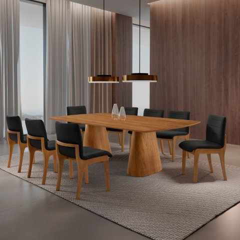 Sala de Jantar Mesa Noronha 220cm Tampo Laminado Barril com 8 Cadeiras Bella