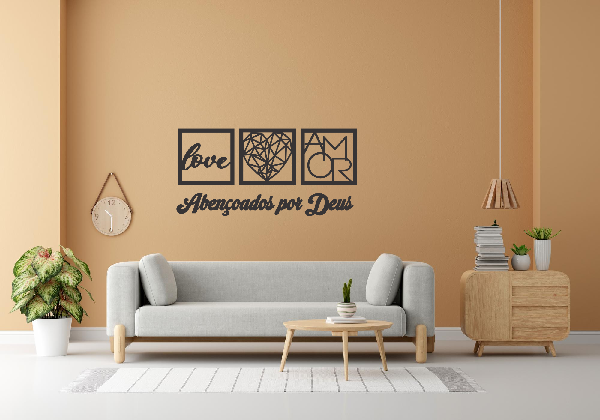 Kit 3 Quadros Mdf-love, Coração Geométrico e Frase Religiosa - 1