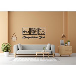 Kit 3 Quadros Mdf-love, Coração Geométrico e Frase Religiosa